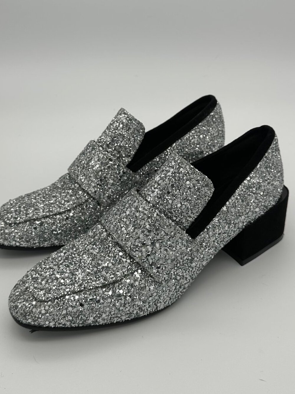 Stuart Weitzman Silver Glitter Block Heel Penny Loafers